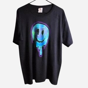 Mens  Black T-Shirt with Colorful Smiley Face Y2K Size L